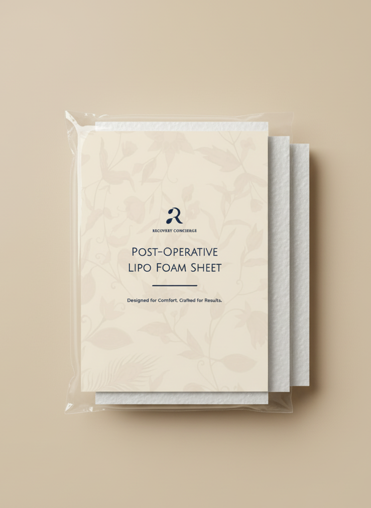 Packaged post-operative lipo foam sheet on a beige background
